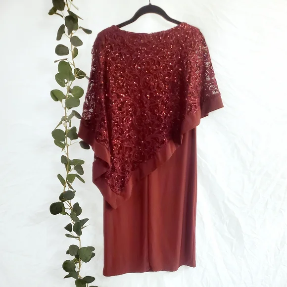 R&M RICHARDS Sequined Metallic Lace Capelet Dress in Merlot Asymmetric Poncho 8 - Picture 9 of 12
